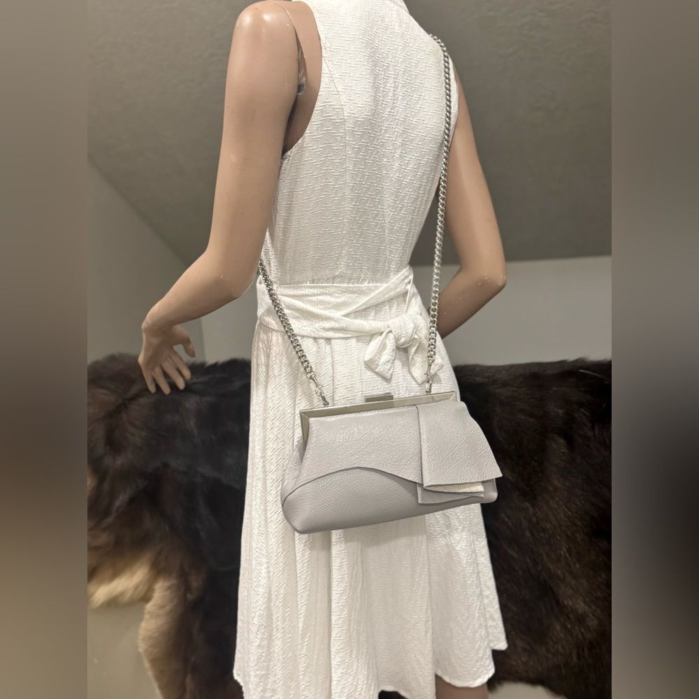 Handmade Cowhide Leather Asymmetrical Ruffles Metal Frame Bag, Multi Use Style - Picture 8 of 16